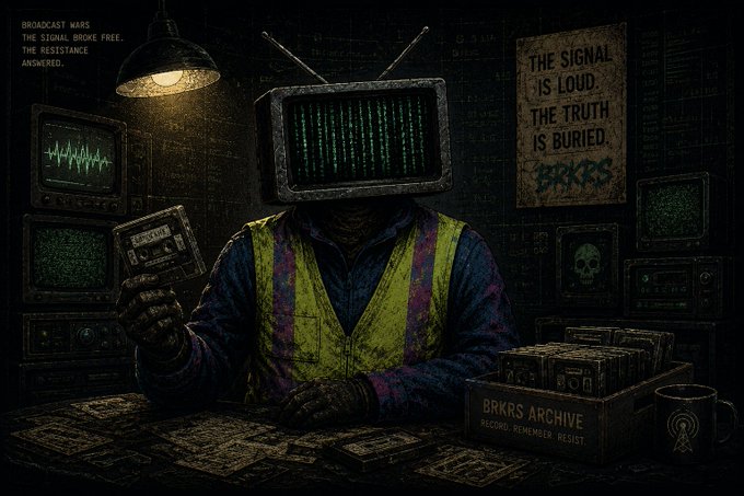 A dark, stylized digital illustration of a figure with a television for a head displaying a 'STATIC_SIGNAL', wearing a high-visibility yellow vest and holding a cassette tape, with text including 'THE SIGNAL IS LOUD, THE TRUTH IS BURIED.' and a box labeled 'BRKRS ARCHIVE'.