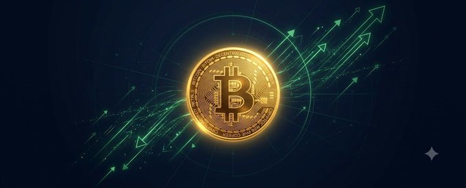 A glowing golden Bitcoin coin with green arrows pointing upward in a circular tech-inspired design against a dark blue background.