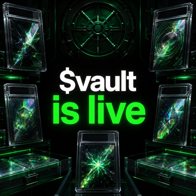 A promotional graphic with a futuristic green neon aesthetic displays the text '$vault is live' surrounded by glowing vault doors and cracked screens.