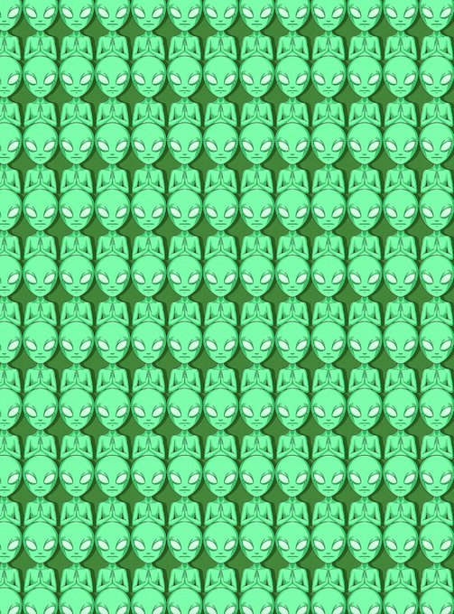 A repeating wallpaper-style pattern of identical green alien figures with large almond-shaped eyes, arranged in rows and columns that visually amplify the sense of endless multiplication. The image illustrates the word "Multiply," as the single alien motif multiplies across the frame in a tiled, endless grid.