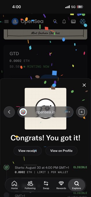 A screenshot of the OpenSea app showing a successful NFT mint confirmation for 'GTD' at 0.0002 ETH, with a 'Congrats! You got it!' message and the wallet address 'opensea.io' displayed.
