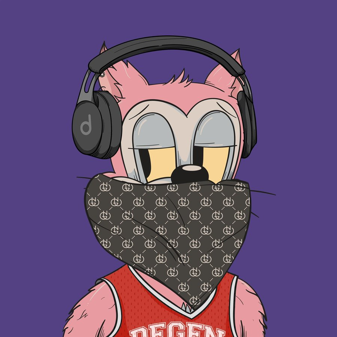 An illustration of a pink cat-like character with large eyes, wearing black headphones, a black patterned bandana covering the lower face, and a red "DEGEN" tank top against a purple background.