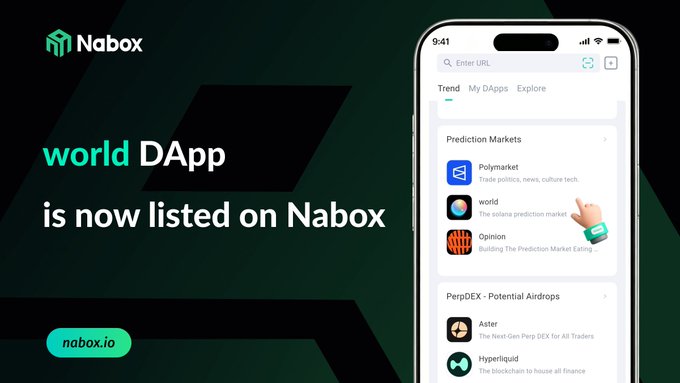 An announcement that 'world DApp is now listed on Nabox,' showing a smartphone displaying a list of apps including Polymarket, world (described as 'the solana prediction market'), and Opinion.