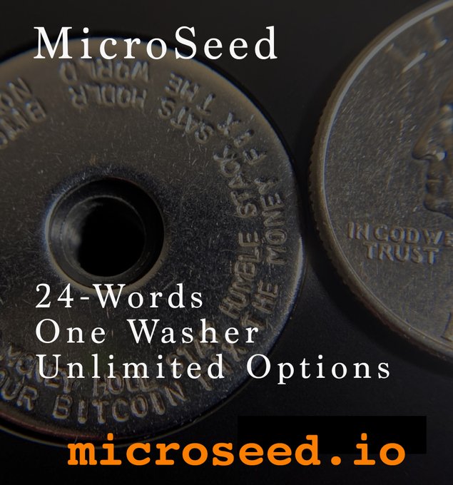 A promotional image for MicroSeed featuring close-up coins with a hole washer, displaying the text 'MicroSeed, 24-Words One Washer Unlimited Options, microseed.io'.