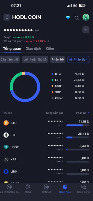 A mobile app screen showing a portfolio named 'HODL COIN' with a 24-hour gain of +0.45% but a total time loss of -22.16%, displaying a pie chart with 71.15% BTC and 25.41% ETH.
