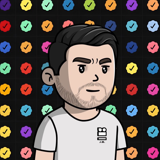 A cartoon avatar of a bearded man wearing a white t-shirt with "J.B." text, set against a background pattern of colorful checkmarks.