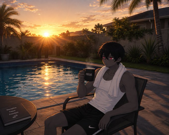 An anime-style illustration of a dark-skinned character with red eyes wearing a white tank top and black Nike shorts, sitting by a pool at sunset holding a mug labeled 'FOCUS', with a book titled 'Discipline Focus Freedom' on a nearby table.