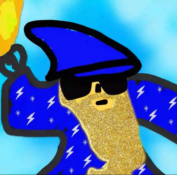 A cartoon drawing of a character with a gold glittery beard, black sunglasses, and a blue wizard-style hat and robe decorated with white lightning bolts and stars, set against a blue sky background.