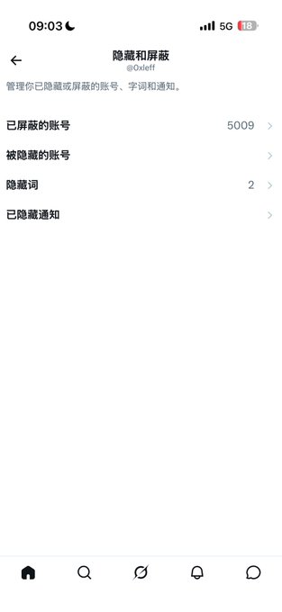 A screenshot of a social media settings page in Chinese, showing options to manage hidden and muted accounts, with 5009 accounts listed as hidden.