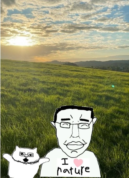 A crudely drawn cartoon of a man with glasses and a white cat, both wearing shirts reading "I ♥ nature," photoshopped into a lush green field at sunset, mocking the tradcath "touch grass" trope by ironically embracing nature while the post's rat-like "chud life" of chasing low-cap memecoins is the real punchline.