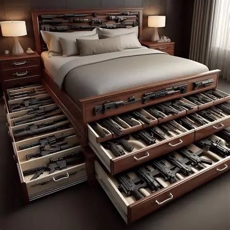 An AI-generated image of a bedroom featuring a large wooden bed with the headboard and multiple under-bed drawers filled with various firearms and weapons.