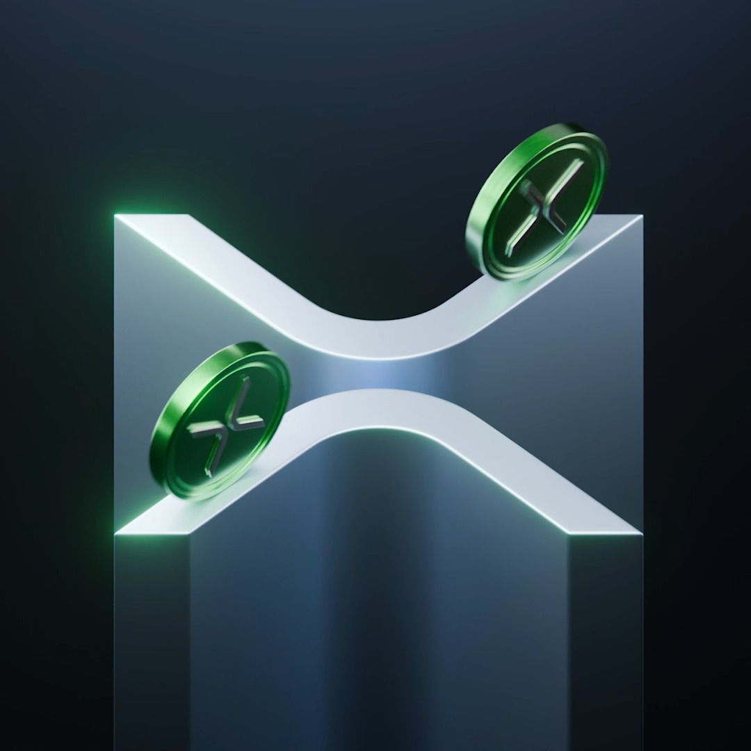 A metallic XRP logo with green accents is displayed on a stylized 3D pedestal against a dark background, visually representing the XRP Ledger's upcoming Batch amendment activation. The image's clean, futuristic design symbolizes the technological advancement highlighted in the post about XLS-56 enabling multiple transactions to settle atomically on the XRP network.