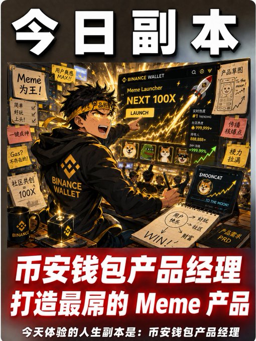 A colorful, anime-style poster with Chinese text at the top and bottom, featuring a character wearing a 'BINANCE WALLET' hoodie in front of a screen displaying 'Meme Launcher NEXT 100X'.