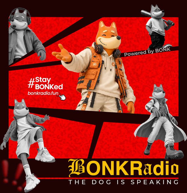A promotional collage for BONKRadio features a Shiba Inu mascot in various stylish outfits—an orange utility vest, a baseball jersey, and oversized streetwear—against a red geometric background, with text reading "#StayBONKed bonkradio.fun" and "BONKRadio THE DOG IS SPEAKING." The fashion-forward poses and bold styling visually reinforce the post's theme of stepping into the new week with swag and surviving the market the "BONK" way.