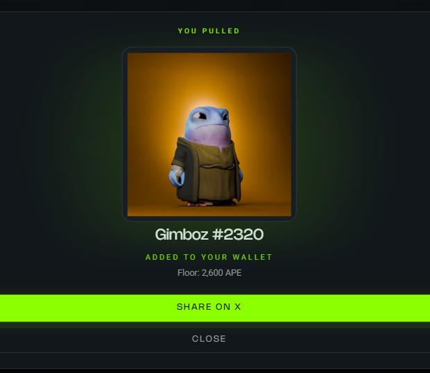 A digital collectible purchase screen showing a Yuga Labs-style NFT of a penguin-like character wearing a robe, labeled 'Gimboz #2320' that was 'ADDED TO YOUR WALLET' at 'Floor: 2,600 APE' with 'SHARE ON X' and 'CLOSE' buttons.