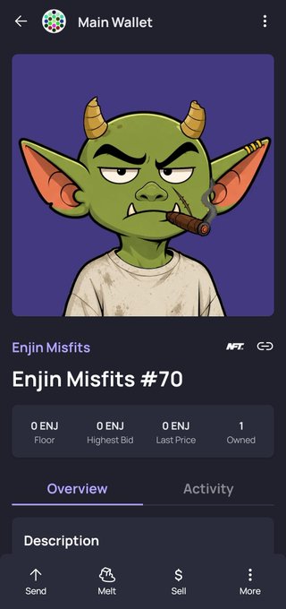 A screenshot of a mobile wallet app displaying an NFT called 'Enjin Misfits #70,' featuring a cartoon green goblin-like character with horns smoking a cigar.
