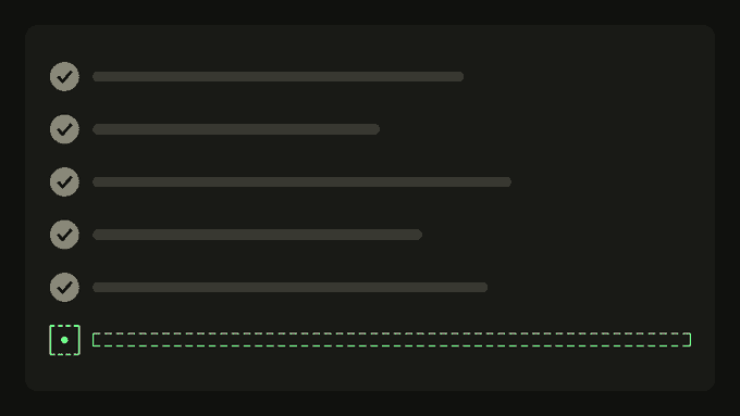 A dark task-list interface shows five gray rows with check icons and a green outlined item reading “TESTING.”