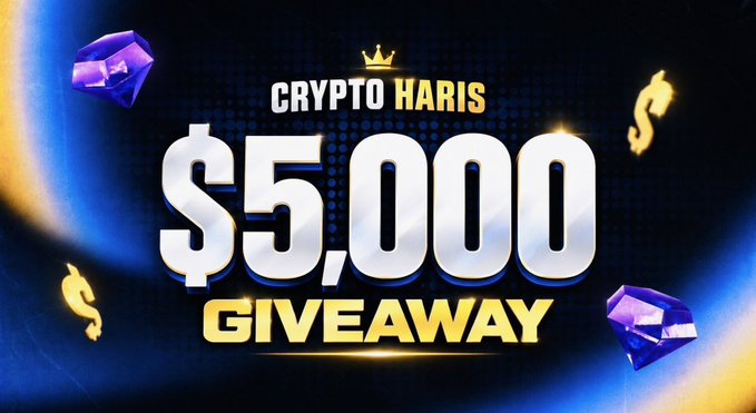 A promotional graphic with a dark blue gradient background features the text "CRYPTO HARIS $5,000 GIVEAWAY" alongside decorative gold dollar signs, a crown, and purple diamond graphics. The image relates to the post by visually reinforcing the promised $5,000 giveaway prize, though the giveaway itself appears to be a potential scam as it asks users to share their Solana wallet credentials publicly.