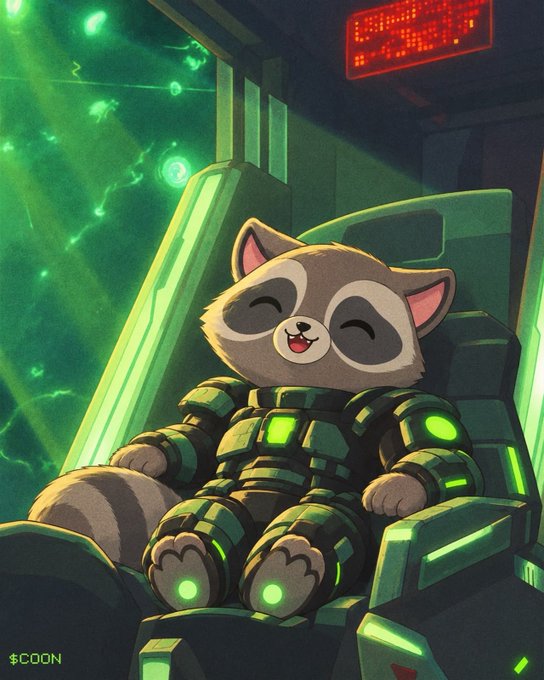 A cute, content raccoon wearing glowing green futuristic armor sits relaxed in a high-tech cockpit chair, with the text "$COON" displayed in the bottom corner. The image playfully personifies the "$coon" meme crypto ticker as a sleepy, suited-up raccoon, humorously prompting viewers to send Amazon ("$amzn") to the embedded crypto wallet address.