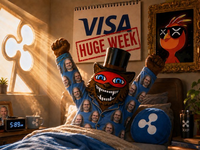 A person wears an XRP-themed blanket featuring a grinning fox mascot in a top hat, raising their arms triumphantly in bed beneath a "VISA HUGE WEEK" poster and an XRP logo painting, with a digital clock showing 5:89 AM—visually capturing the "HUGE WEEK FOR $XRP" anticipation referenced, though the clock time is physically impossible.