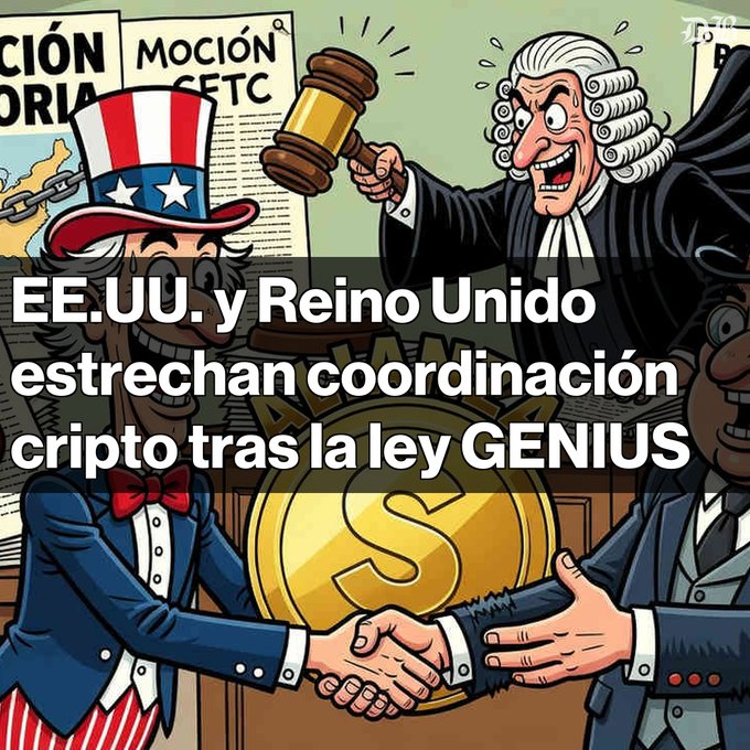 Cartoon illustration of Uncle Sam shaking hands with a man, with a judge gavel and text reading 'EE.UU. y Reino Unido estrechan coordinación cripto tras la ley GENIUS'.