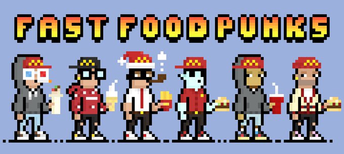 Pixel art illustration titled "FAST FOOD PUNKS" featuring six characters in fast-food uniforms holding burgers, drinks, and fries against a blue background.