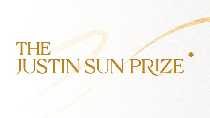 The image displays an elegant logo for "The Justin Sun Prize" in gold serif lettering on a textured white background, accompanied by a sweeping golden flourish and small star accent. This branding visually represents the prestigious award being given to Wouter van Doorn, Quanyu Tang, and Yanyang Li for their contributions to six Erdős problems, as announced by the Office of Justin Sun and TRON DAO.