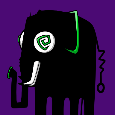 A crude digital drawing on a purple background featuring a distorted black figure with a green spiral eye, white horns, and jagged green and white lines.