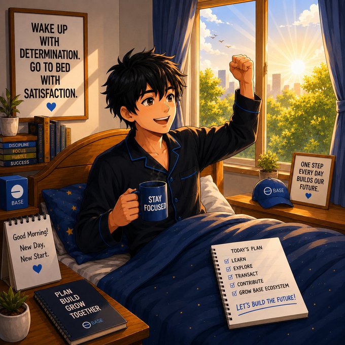 The image features a young man wearing pajamas sitting in bed next to a window. He has a cup of coffee and a notebook open, suggesting he might be working or studying. The room also contains several books scattered around, indicating an interest in reading or learning. A poster on the wall displays motivational quotes such as "Wake up with determination", "Go to bed satisfied with satisfaction", and "One step at a time". These elements create a cozy atmosphere that promotes focus and productivity while encouraging personal growth and self-improvement.