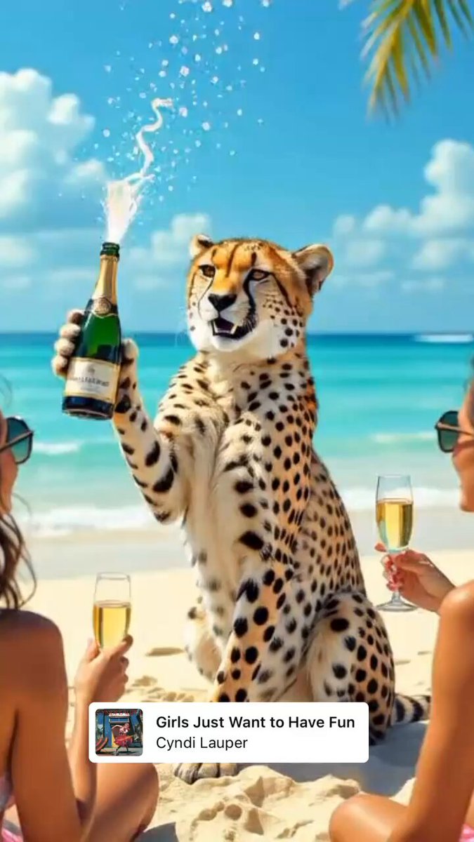 The image features a woman sitting at the beach with two other women, one of whom has champagne in her hand. A large leopard gecko is standing next to them, holding a bottle of champagne up in its mouth as if it's about to pop the cork and celebrate. The background shows a beautiful beach scene with the ocean and palm trees.
