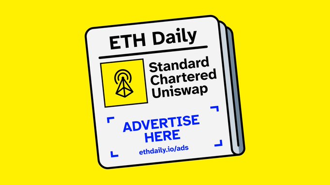 "ETH DIRTY daily", "Standard Chartered Charted Uniswap", or "Standard Chartered Charted Uniswap" are shown in yellow letters with a black outline surrounding them. The rest of the image is a gray and yellow background, which has the title of an advertisement for Uniswap on it.