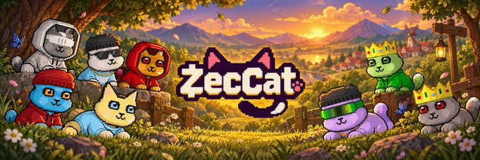 A pixel art banner for 'ZecCat' featuring various cartoon cat characters in hoodies, crowns, and goggles set against a pastoral landscape with mountains and a sunset.