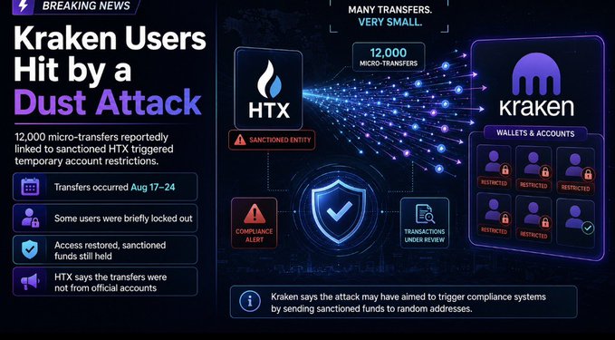 An infographic titled "Kraken Users Hit by a Dust Attack" details how approximately 12,000 micro-transfers from the sanctioned HTX exchange were sent to Kraken wallets and accounts between August 17–24, triggering compliance restrictions on users and freezing access to certain funds. The visual includes a flow diagram showing transfers moving from HTX to Kraken, highlighting compliance alerts, wallets under review, and restricted accounts.
