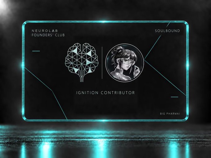 A futuristic neon-bordered digital card labeled 'NEUROLAB FOUNDERS' CLUB' and 'IGNITION CONTRIBUTOR' featuring a geometric brain logo and an illustration of a woman with 'SOULBOUND' and 'BIG PHARMAI' text.
