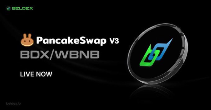 A promotional graphic from BELDEX announcing that PancakeSwap V3 BDX/WBNB is LIVE NOW, featuring a 3D coin with the Beldex logo.