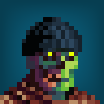 A low-resolution pixel art portrait depicting a dark, shadowy figure with a patch of bright green slime or liquid on the side of its face against a dark blue background.