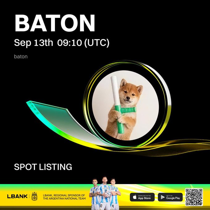 A promotional graphic for a cryptocurrency spot listing on LBANK, featuring a Shiba Inu dog holding a baton, with text reading 'BATON Sep 13th 09:10 (UTC)' and 'SPOT LISTING', noting LBANK as a regional sponsor of the Argentina National Team.