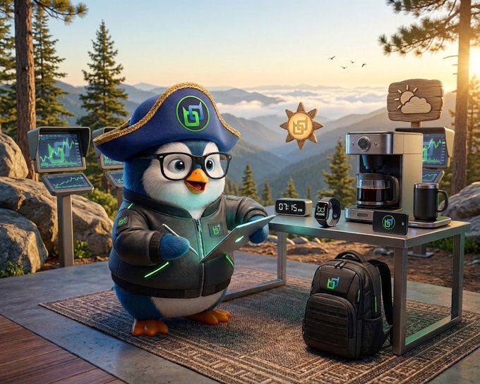 A 3D-rendered penguin mascot wearing a blue cap, glasses, and a tech jacket, working on a laptop at an outdoor workstation with coffee maker, monitors, and a backpack, set against a mountain landscape.
