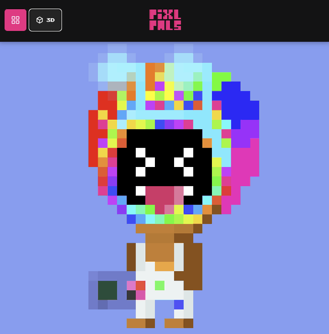 A colorful pixel art character with rainbow hair and a wide smile displayed on what appears to be a 'PIXEL PALS' NFT platform interface with 3D viewing options.