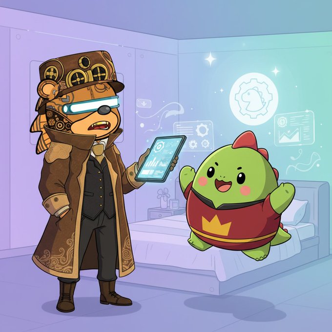 The image features two cartoon characters, one dressed as a dinosaur (or steampunk) wearing a brown suit with a hat, holding a tablet computer, while another character, a green dinosaur or steampunk-like creature, appears to be floating in midair above them. The scene takes place in an office setting, where the characters are standing on a bed and interacting with each other.