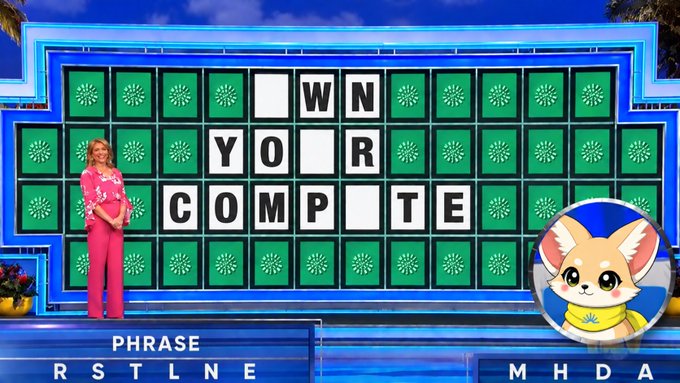 A scene from the Wheel of Fortune game show featuring a partially revealed phrase "OWN YOUR COMPTE" with contestant letters visible.