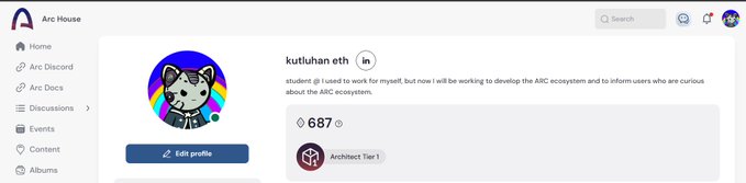A profile screenshot from Arc House showing user "kutiuhan eth" displaying their "Architect Tier 1" badge alongside 687 points, corresponding to their post celebrating the arrival of the Tier 1 badge.