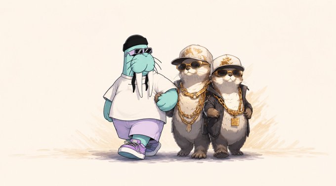 The image features a cartoon scene of two otters wearing sunglasses and carrying gold chains around their necks as they walk down a street together with a third otter following behind them. The otters are dressed in hipster clothing, which adds to the overall hipster theme of the image.