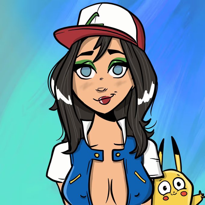 A cartoon illustration shows a girl with long dark hair, a Pokéball hat, green eyeshadow, and a blue vest, accompanied by a Pikachu character in the corner.