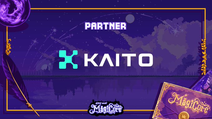 A graphic with a starry night background announces 'PARTNER KAITO' in pixelated text, featuring the Kaito logo, decorative feathers, and a 'MagiCore' emblem.