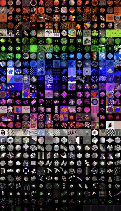 A dense grid collage of hundreds of small square icons featuring various geometric shapes, patterns, objects, and abstract designs in a rainbow of colors.
