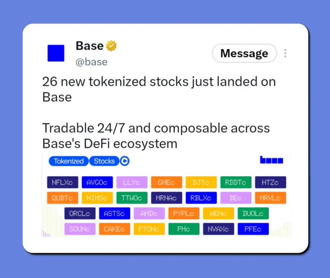 A tweet from Base (@base) reading '26 new tokenized stocks just landed on Base, Tradable 24/7 and composable across Base's DeFi ecosystem,' showing colorful ticker tags for tokenized stocks including NFLX, AVGO, LLY, CMC, INTU, RDDT, HTZ, QUBT, HOOD, TTHO, HRNA, RDL, BE, HRVL, ORCL, ASTS, AMD, PYPL, IBN, DUOL, SOUN, CAKE, PTON, PHM, NWG, and PFE.