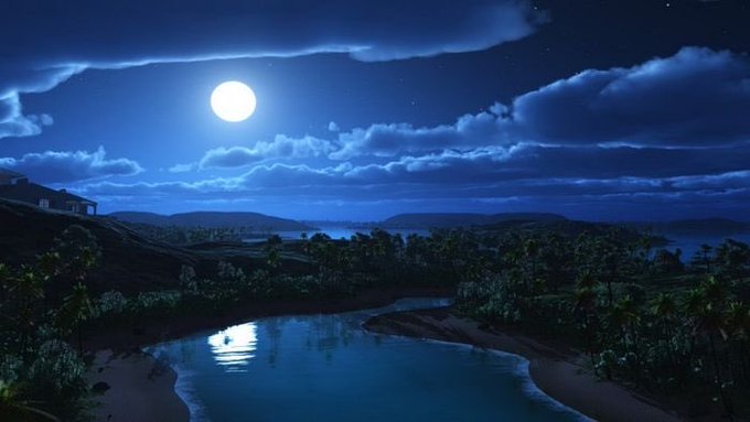 A serene nighttime landscape featuring a bright full moon over a tropical coastline with calm waters reflecting the moonlight, framed by palm trees and distant hills.