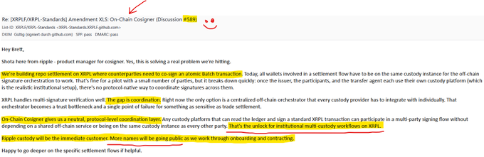 An email screenshot titled 'Re: [XRPL/XRPL-Standards] Amendment XLS: On-Chain Consigner' discussing XRP and Ripple's standards, with highlighted sections about neutral protocol-level coordination layers.