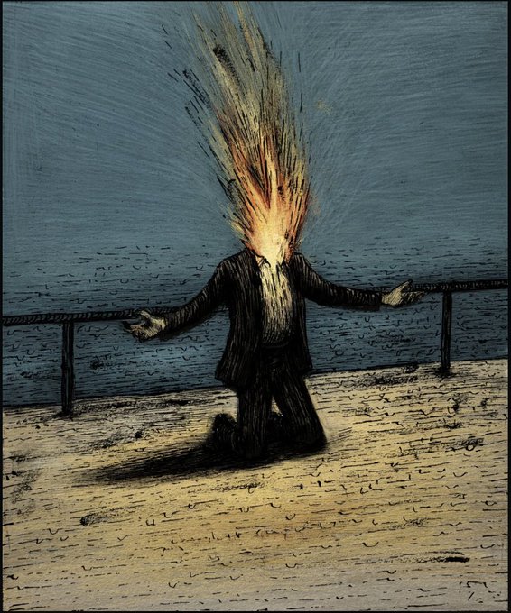 A surreal illustration of a man in a suit kneeling on a wooden pier with his head exploding in flames against a seascape background.